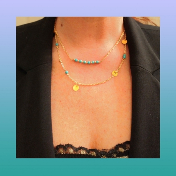 Turquoise and Gold 2 Strand Layered Necklace! - Picture 2 of 5